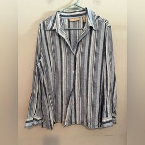 Kate Hill Casual 100% Linen Coastal Stripe Button Down Top XL